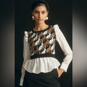 Maeve Ruffled Twofer Layered Sweater Vest - Bunny Pattern